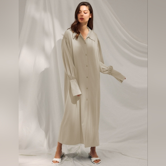 NWT Long Sleeve Drape Shirt Robe Dress (Cream) - NAP Loungewear - Picture 3 of 13